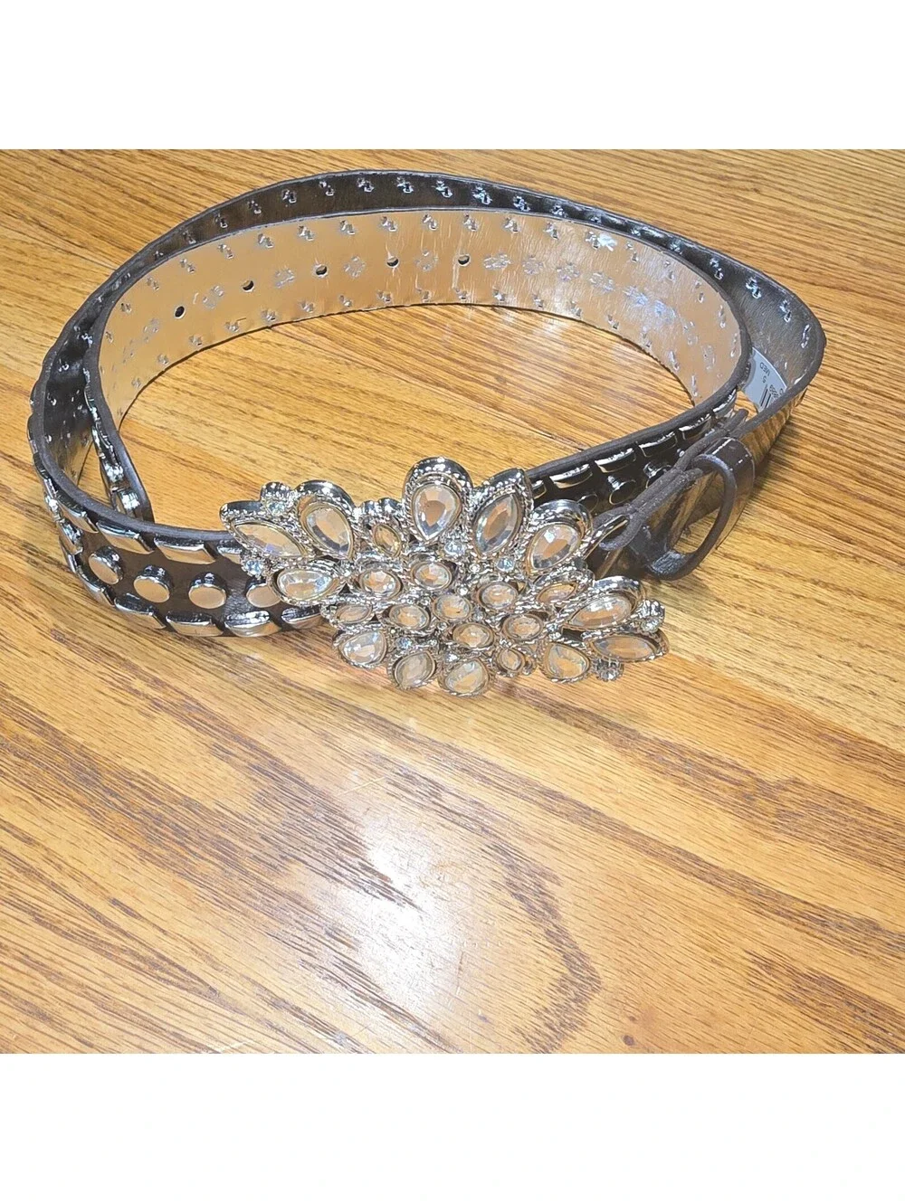 Vintage GUESS Y2K Rhinestone Studded Belt Crystal Flower Buckle Style 940021 M
